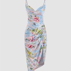 Cider floral ruched cowl neck midi dress